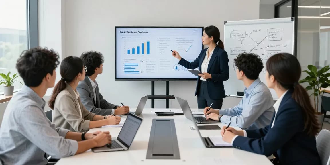 Team collaborating on small business phone systems in a bright office setting, showcasing charts and communication strategies.