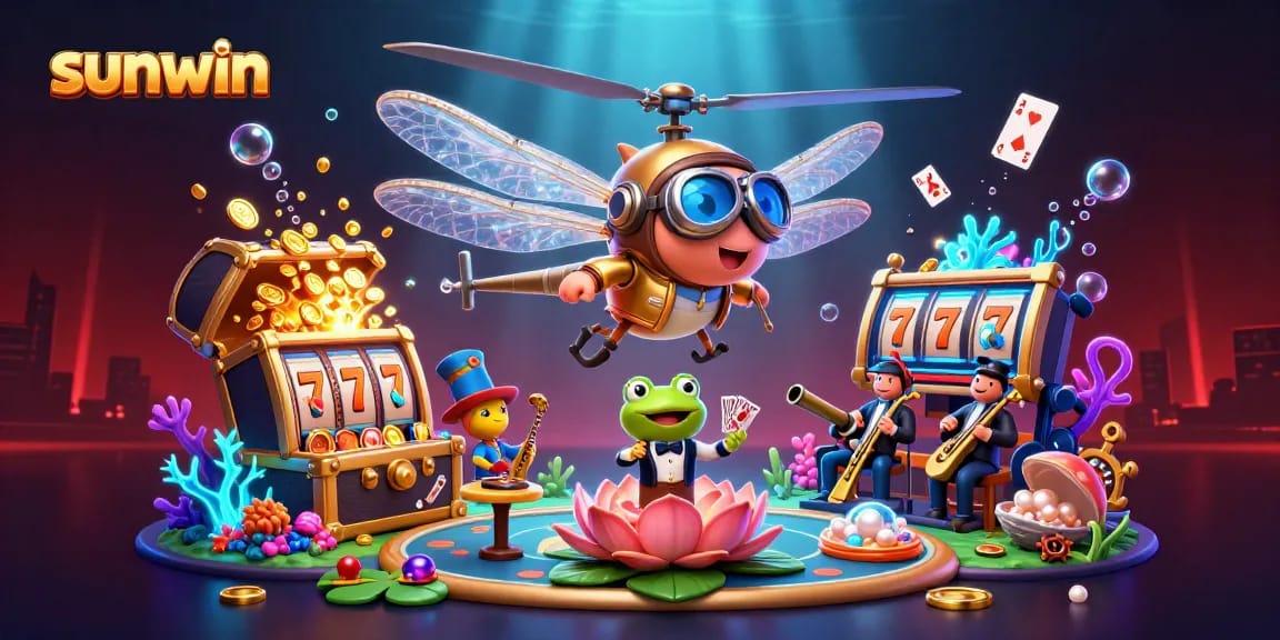 Experience exciting gameplay at sunwin with a dragonfly pilot and a frog croupier amidst vibrant casino scenes.