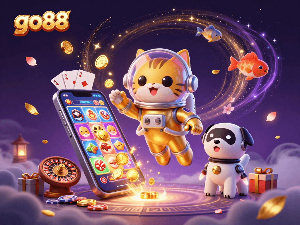 Spin and win with go88: A 3D space cat and robot dog leading a vibrant casino adventure.