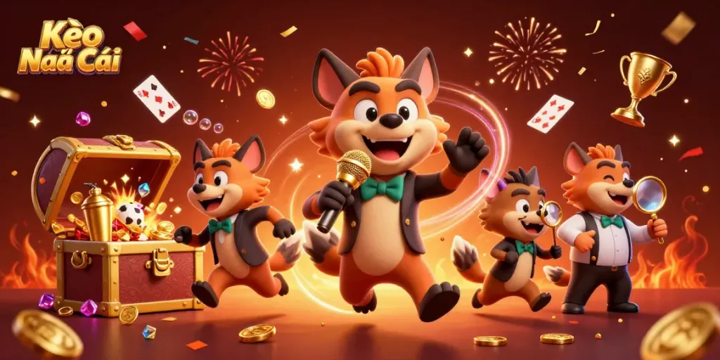Kèo Nhà Cái features a 3D hyena pack running a sports betting casino with odds commentary and vibrant elements.