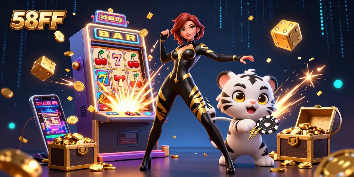 Experience the excitement of 58FF with a stunning 3D illustration featuring dynamic characters and gambling elements.