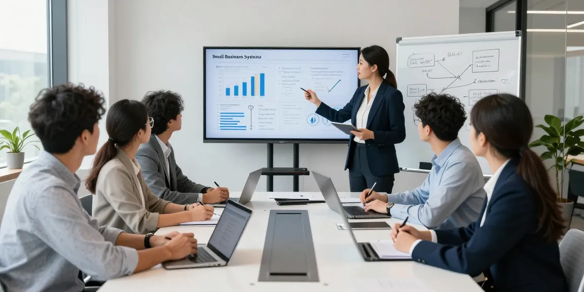 Team collaborating on small business phone systems in a bright office setting, showcasing charts and communication strategies.
