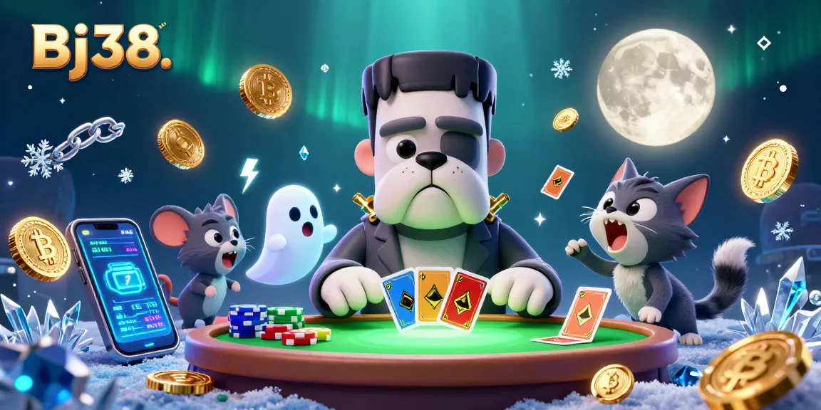 Bj38. Engage in thrilling card games with a spooky theme and crypto elements at this vibrant casino scene.