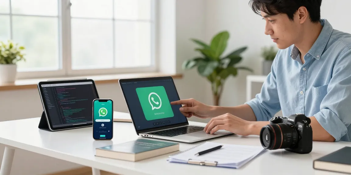 Installing WhatsApp下載 on a laptop surrounded by tech devices in a bright office.