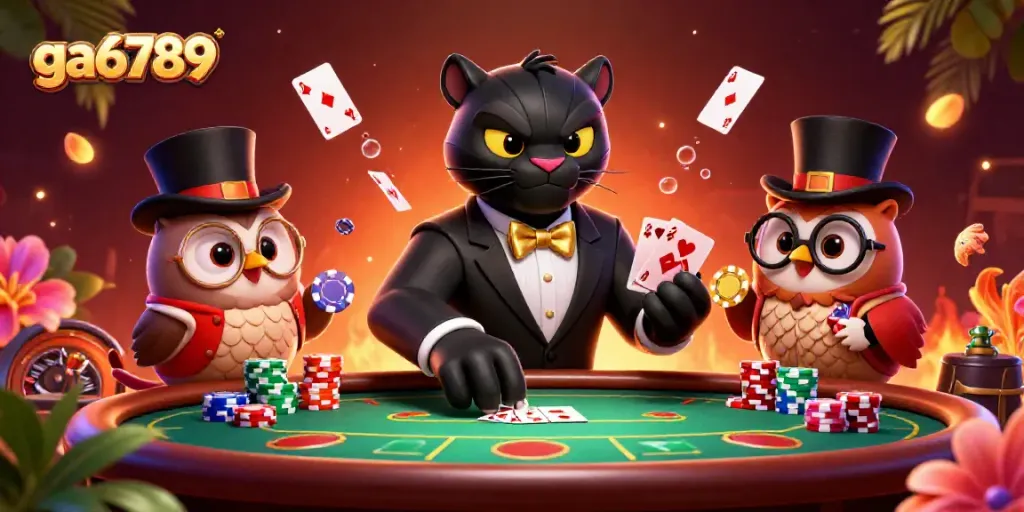 Experience thrilling action at ga6789 with a stylish panther dealer, owl with poker chips, and lucky mouse.