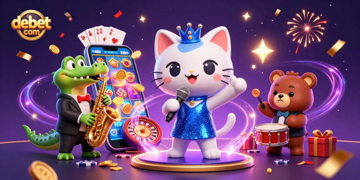 Experience thrilling gameplay at debet com with a lively casino scene featuring a singing cat, saxophone crocodile, and drum bear.
