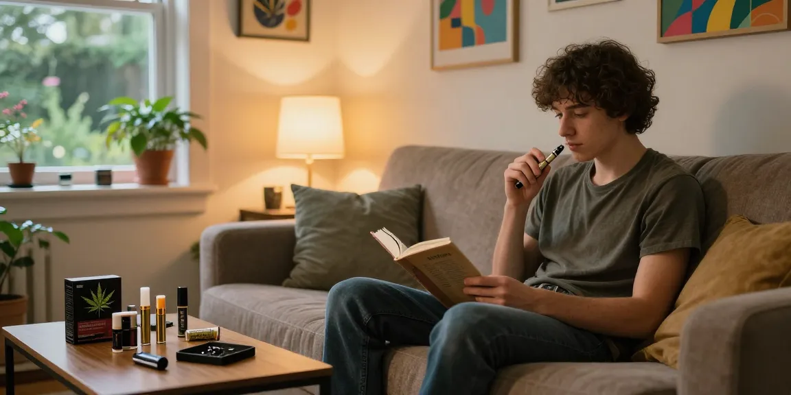 Relaxed individual using weed pens in a cozy home setting with cannabis accessories.