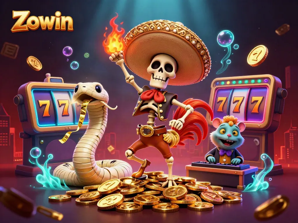 Zowin showcases vibrant casino fun with a skeleton rooster dancing on gold coins surrounded by slot reels.