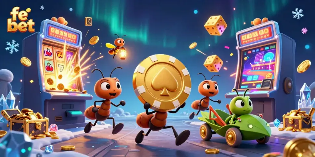 fe bet ants heist with golden poker chip among bursting slot machines and treasure