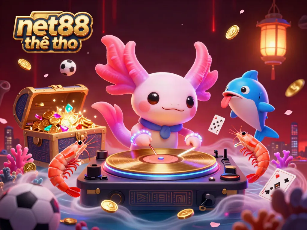 Experience thrilling net88 thể thao action with a neon-colored DJ and sports elements in a vibrant underwater scene.