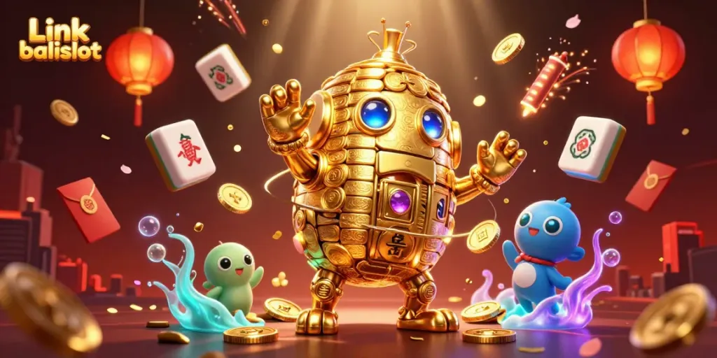 Engage with Link balislot in a vibrant casino scene featuring a golden golem surrounded by festive elements.