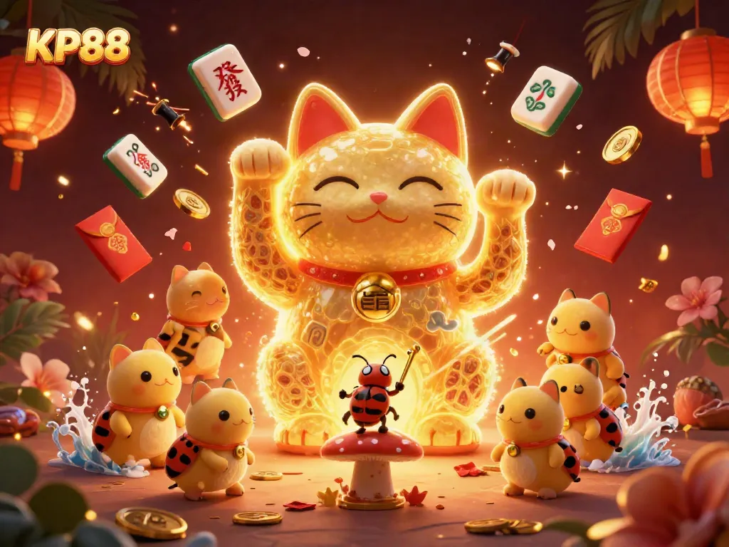Experience the dynamic KP88 casino world with a lucky cat surrounded by vibrant gaming symbols.