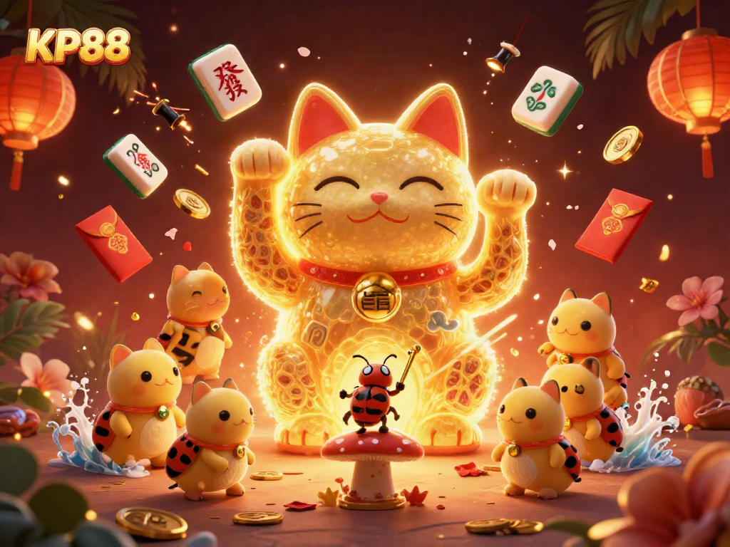 Experience the dynamic KP88 casino world with a lucky cat surrounded by vibrant gaming symbols.