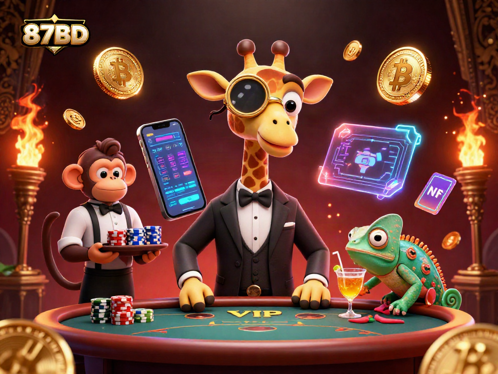 Experience high-stakes excitement with 87BD's vibrant casino illustration featuring unique characters.