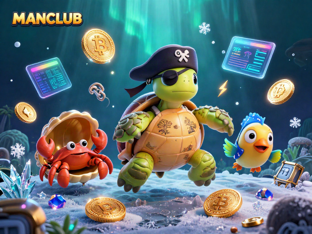 Engage with MANCLUB's vibrant 3D casino scene featuring characters amidst crypto-inspired treasure.