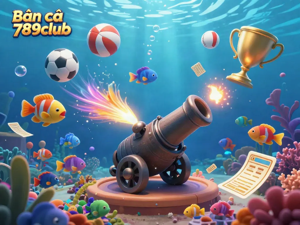 Bắn cá 789club cannon shoots vibrant sea creatures in a dynamic underwater casino scene while gold coins and trophies surround the action.