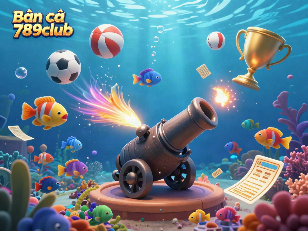 Bắn cá 789club cannon shoots vibrant sea creatures in a dynamic underwater casino scene while gold coins and trophies surround the action.