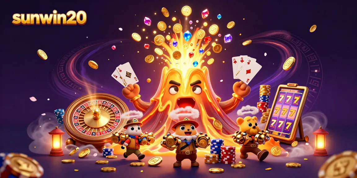 Win big with sunwin20 as golden coins and treasures erupt around a lively casino scene.