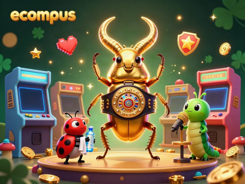 Engage with ecompus, featuring a dynamic golden stag beetle boxer in a vibrant casino-themed 3D illustration.