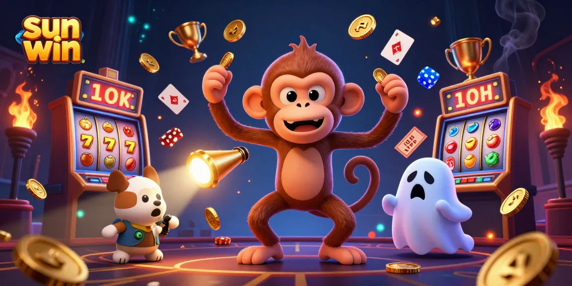 Engage in exciting slots action with sun win as a mischievous poltergeist monkey juggles golden casino treasures.