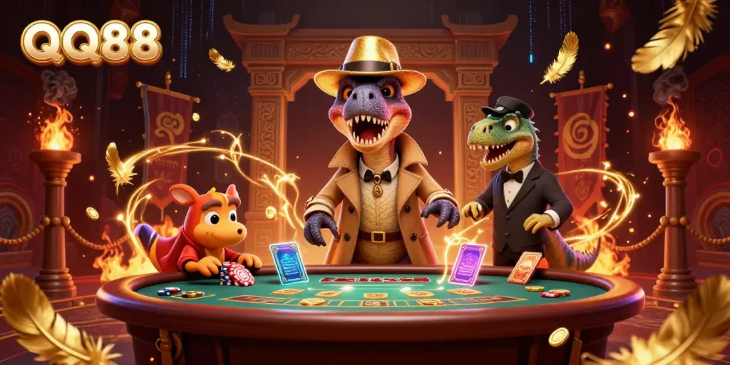 Engage in thrilling gameplay at QQ88 with a 3D velociraptor card counter and colorful casino elements.