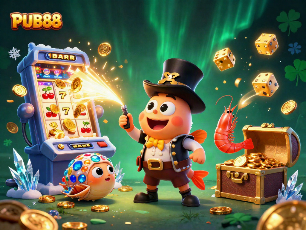 Experience excitement at PUB88 with cartoon characters and jackpot-winning elements in a vibrant casino scene.