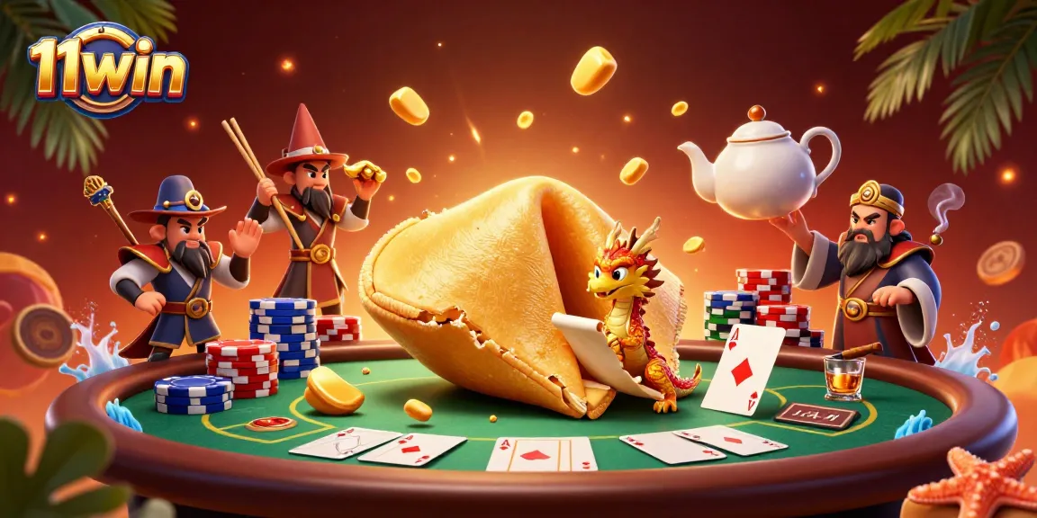 11win's casino scene illustrates excitement with a golden cookie, dragon, poker, and dynamic gameplay.