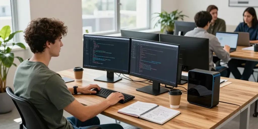 Engineer coding in a modern office, showcasing instant indexing strategies with dual monitors.