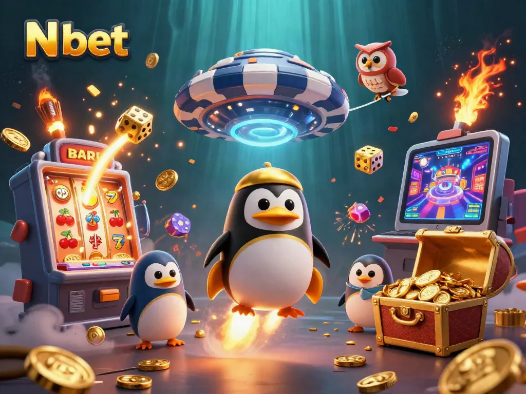 N bet penguin zooms toward a casino chip station in this vibrant, action-packed illustration.