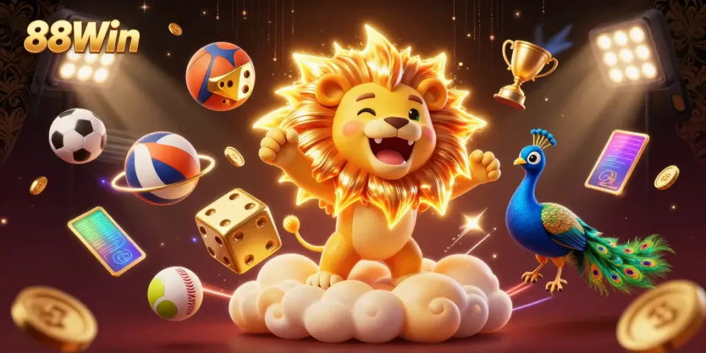 88Win showcases exciting gameplay with dynamic sports elements in a vibrant 3D casino illustration.