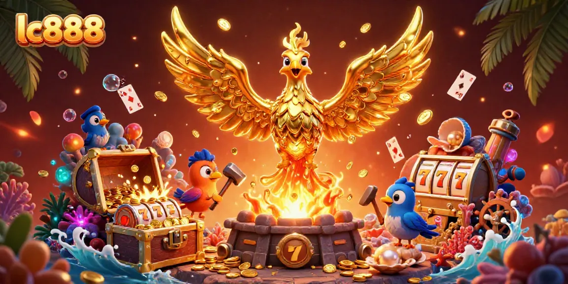 Engage with the vibrant gameplay of lc888 as the phoenix rises surrounded by gold and casino riches.