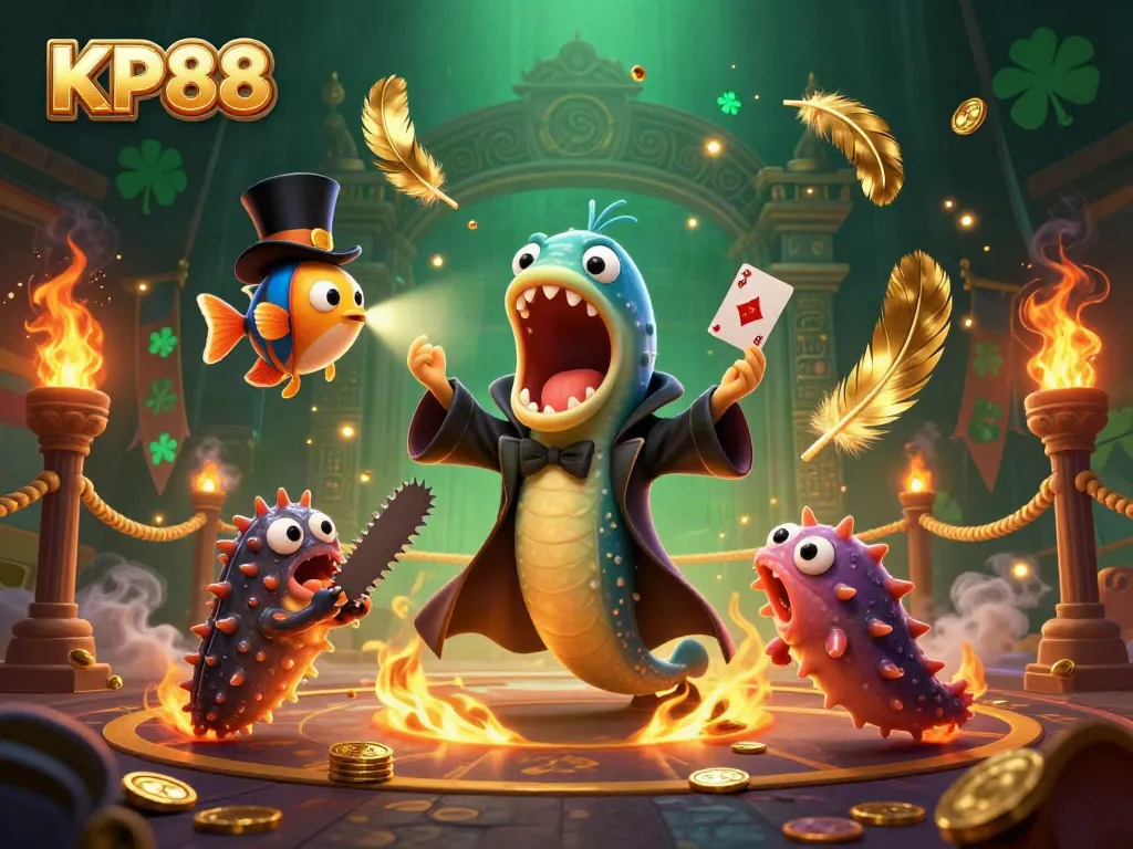 KP88 showcases a colorful scene of gambling characters performing magical tricks at a casino.