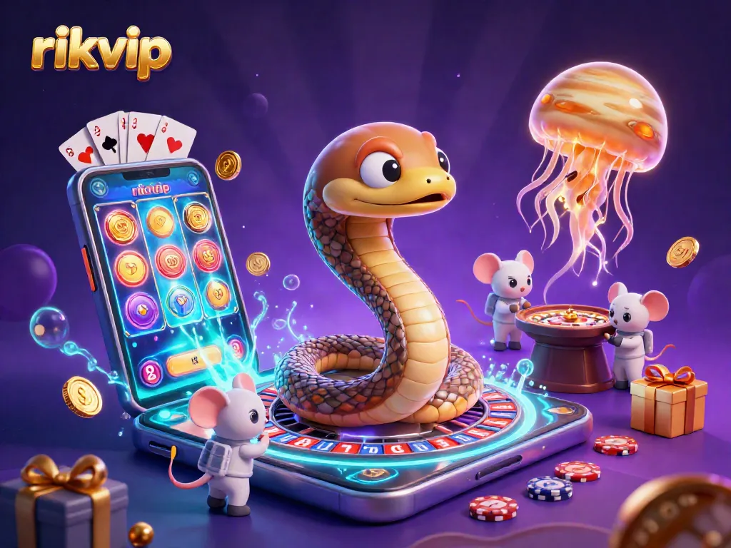 Experience thrilling bets on rikvip's roulette with cartoon characters in a vibrant cosmic casino scene.