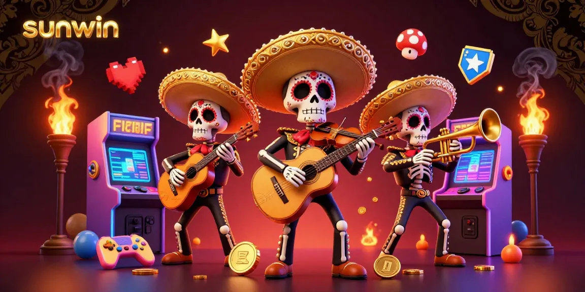 Experience exciting gaming action at sunwin with a vibrant Day of the Dead mariachi band and colorful arcade elements.