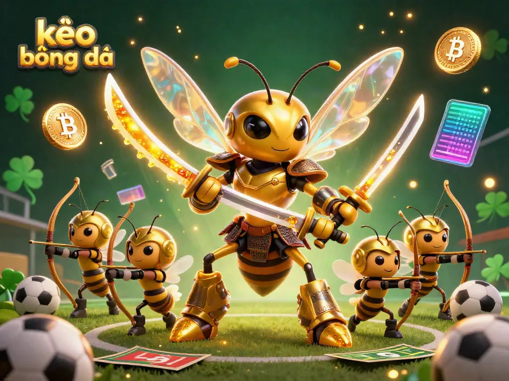 Kèo bóng đá in a vibrant sports betting scene with a giant golden hornet and bee archers