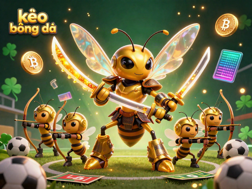 Kèo bóng đá in a vibrant sports betting scene with a giant golden hornet and bee archers