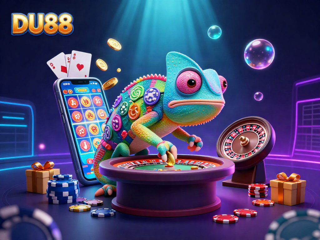 Engage with DU88's lively casino world featuring a chameleon owner, vibrant games, and abundant coins.