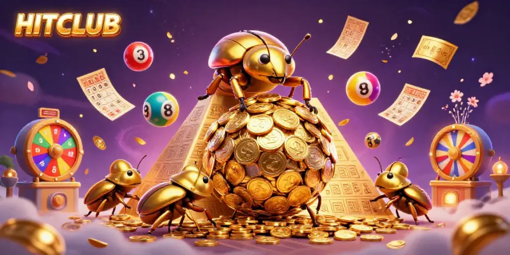 Experience the excitement of HITCLUB with a vibrant 3D illustration of beetles rolling golden coins amidst gambling symbols.