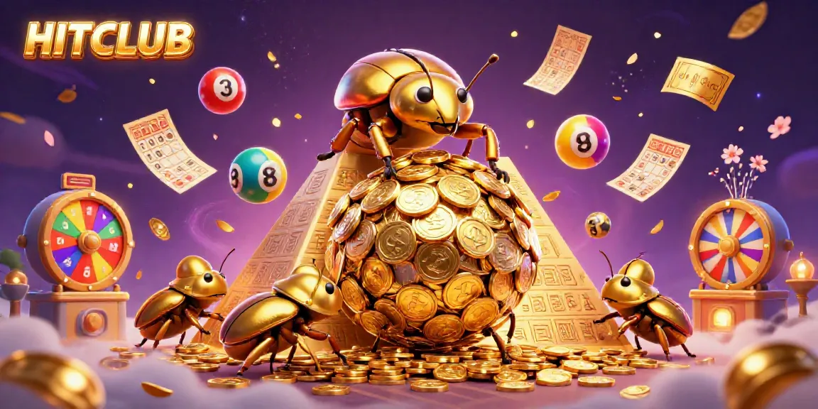 Experience the excitement of HITCLUB with a vibrant 3D illustration of beetles rolling golden coins amidst gambling symbols.