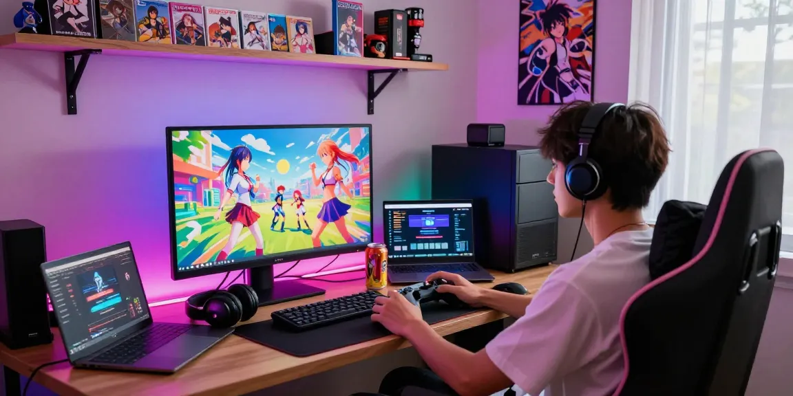 Engaging player immersed in a vibrant ecchi game setup, showcasing colorful graphics and collectibles.