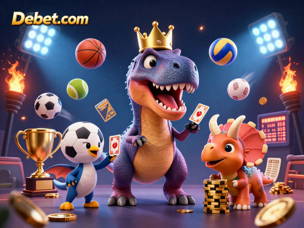 Experience thrilling gaming action with Debet. com, featuring card-playing dinosaurs in a vibrant casino scene.