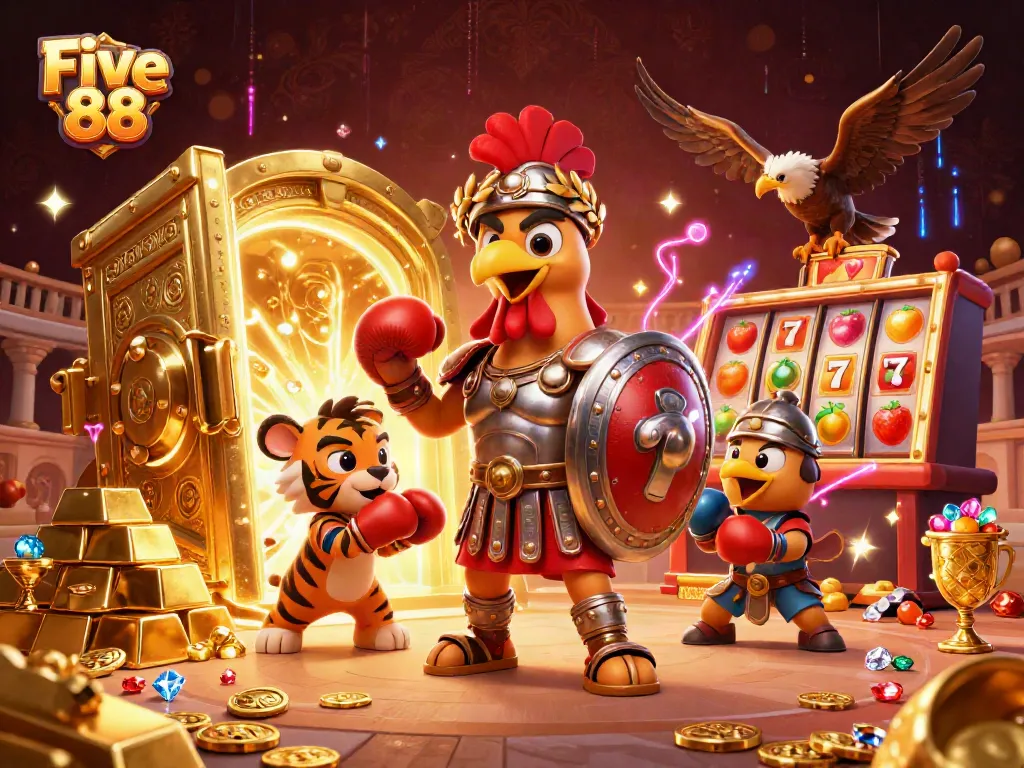 Experience thrilling wins at Five 88 with vibrant slot action and a captivating arena scene.