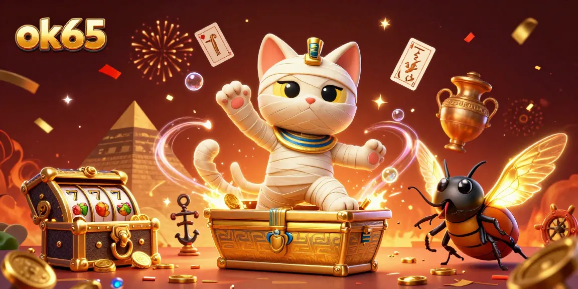 Set a winning game plan with ok65, featuring a dynamic pyramid casino scene with lucky symbols and vibrant characters.