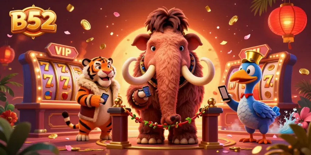 Engage with exciting B52 casino action featuring vibrant characters and dynamic slot game elements.