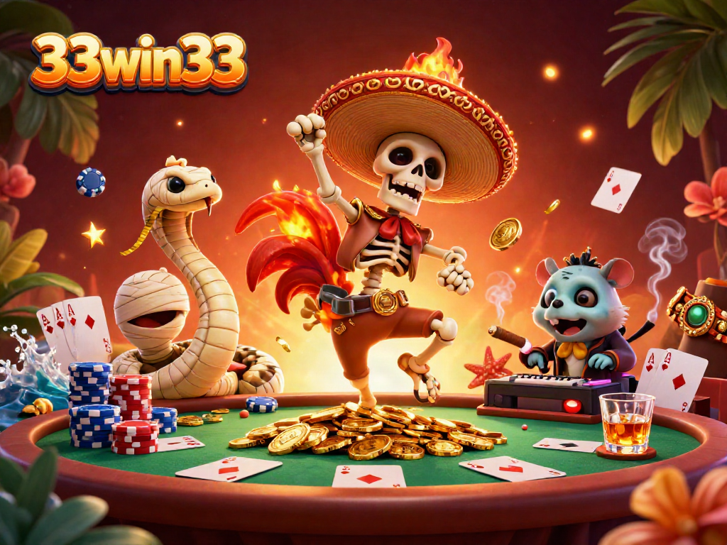 33win33 character scene with a victorious skeleton mariachi rooster and vibrant casino elements.