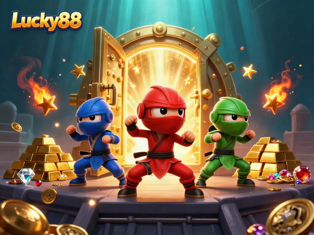 Experience thrilling gameplay at Lucky88 with dynamic chameleon ninjas amidst treasures.