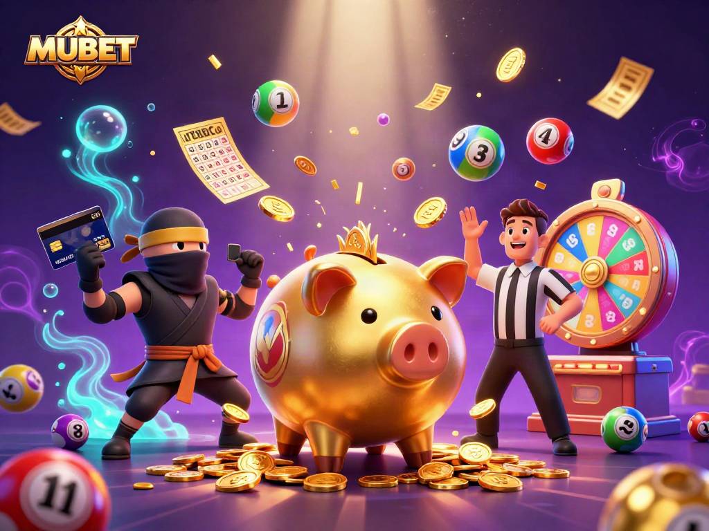 MUBET showcases an action-packed casino scene with cartoon characters and vibrant lottery elements.