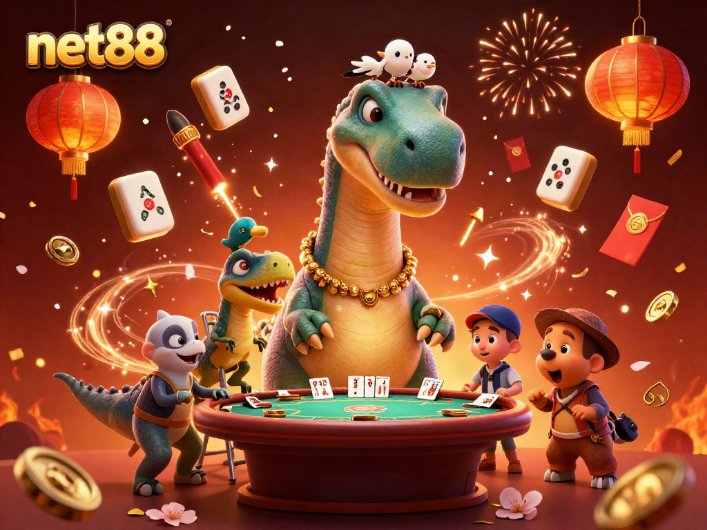 Engage with net88's vibrant casino experience showcasing a brontosaurus and clever raptor in action.