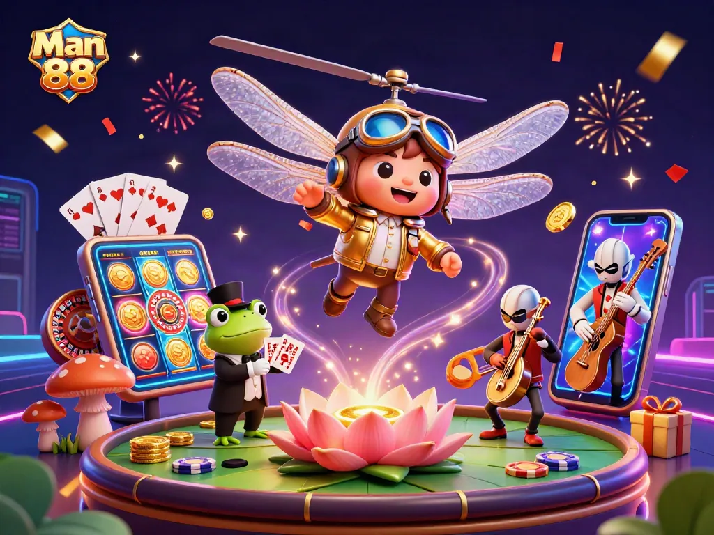 Join the excitement at Man 88 with our vibrant casino scene featuring unique characters and engaging game elements.