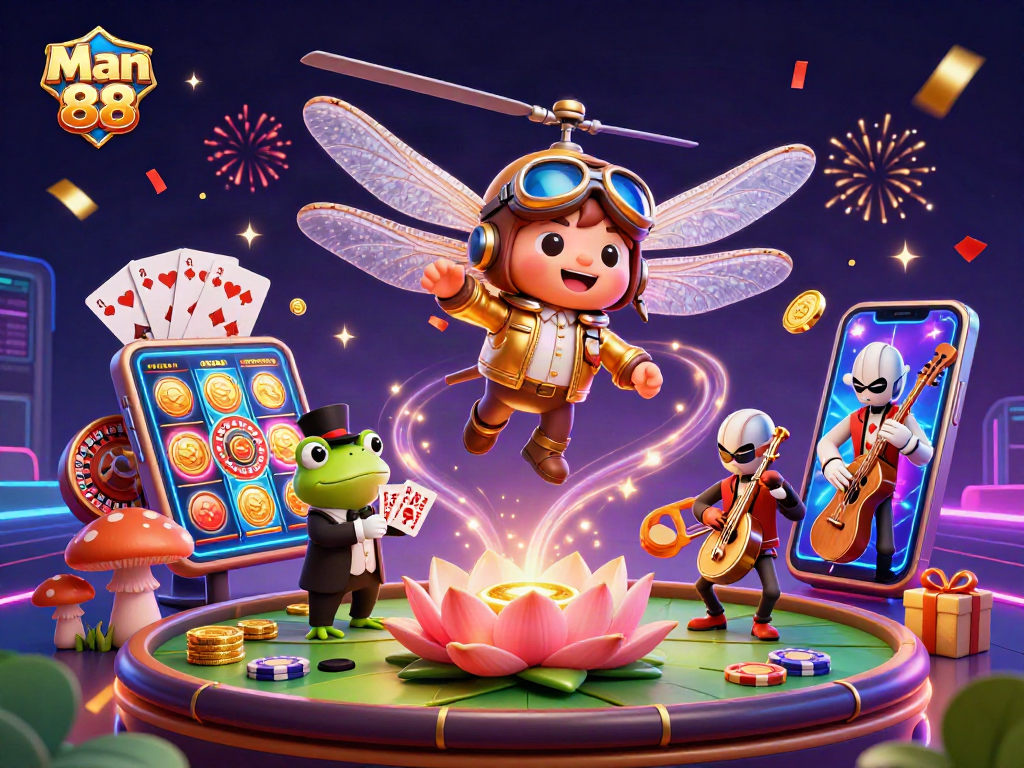Join the excitement at Man 88 with our vibrant casino scene featuring unique characters and engaging game elements.